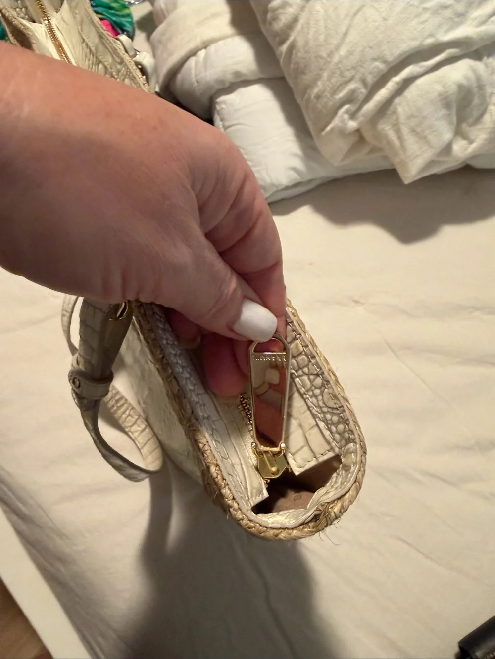 Brahmin Neutral Straw Tote Bag with White Croc Trim